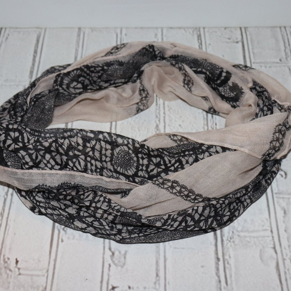 🖤🌸 Cream & Black Lace Print Infinity Scarf – 20" × 64" Romantic Print · Soft